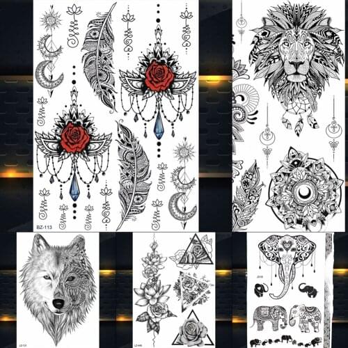 REJASKIRose Feather Black Henna Temporary Tattoos For Women Sticker Ganesha Elephant Chains Fake Tatoos Art Custom Tattoo
