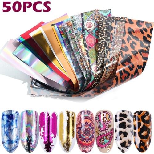 50pcs Nail Art Foil Stickers Flowers Leopard Print Retro Solid Color Style Manicure Nail Decoration Nail Accesoires