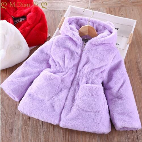 2021 Winter New Baby Girls Lmitation Fur Coat Long Jacket Warm Sweater Children Big Fur Collar Thick Cotton Childrens Clothing