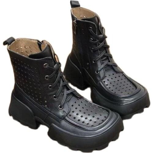 598-6 Original Vintage Handmade Cowhide Openwork Cool Boots Square Head Side Zipper Rubbing Color Personalized Leather Sandals