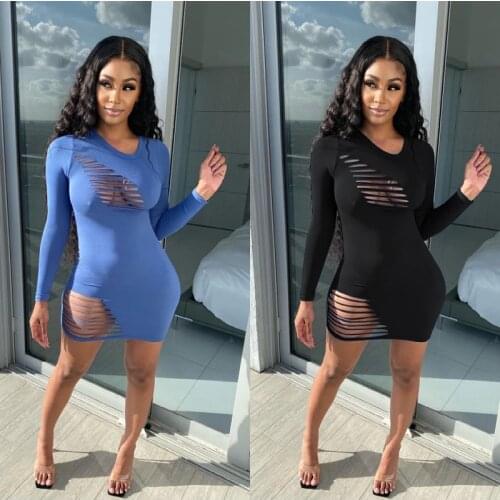 2021 spring and summer new style broken hole burnt flower simple casual T-shirt European and American solid color dress