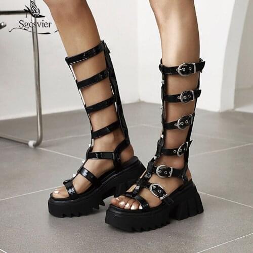 Sgesvier Black Wedge Platform Gladiator Rivets Womens Sandals Sexy Buckle High Heels Party Wedding Roman Shoes For Women