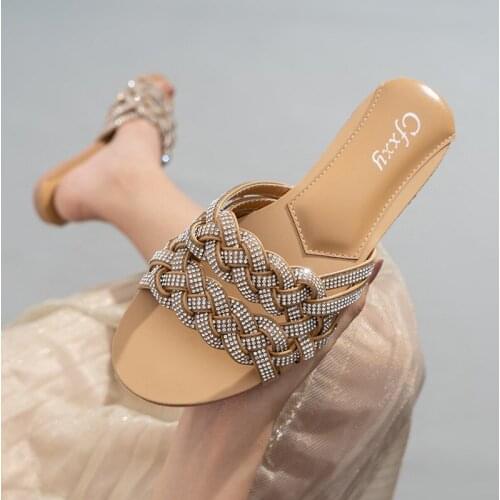 New Womens Shining Rhinestone Woven Outside Beach Slippers Summer Ladies Shoes Casual Flat Sandals Fashion Female Slides