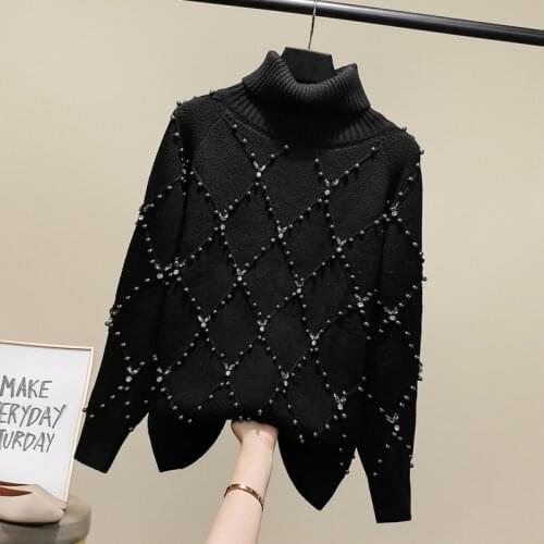 2020 new womens luxury beading rhinestone patchwork long sleeve knitted turtleneck sweater top pullover jumper plus size SMLXL