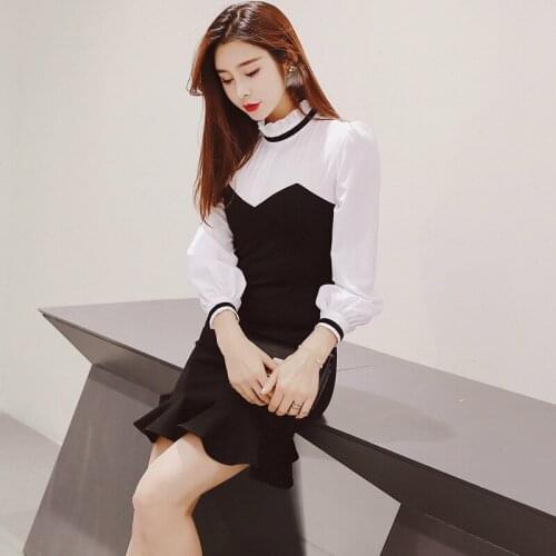 2020 Spring Summer Contrast Black Ladies Dresses Long Sleeve Trumpet Bodycon Mini Dress Women Stand Dinner Dresses for Women