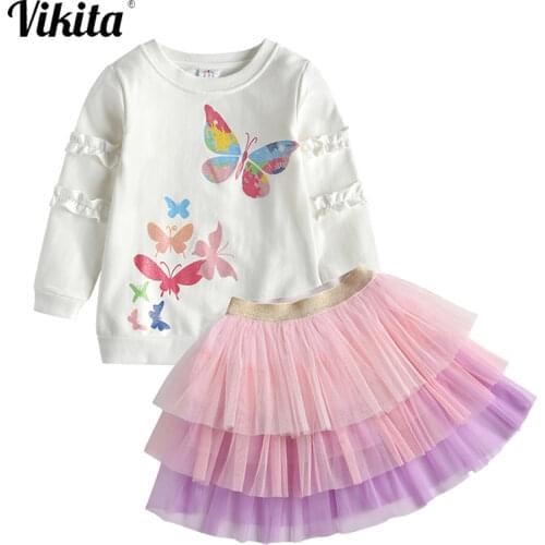 VIKITA Girls Clothing Sets Autumn Winter Spring Pattern Print Long Sleeve White Cotton T-Shirt and Mesh Layered Skirts Outfits