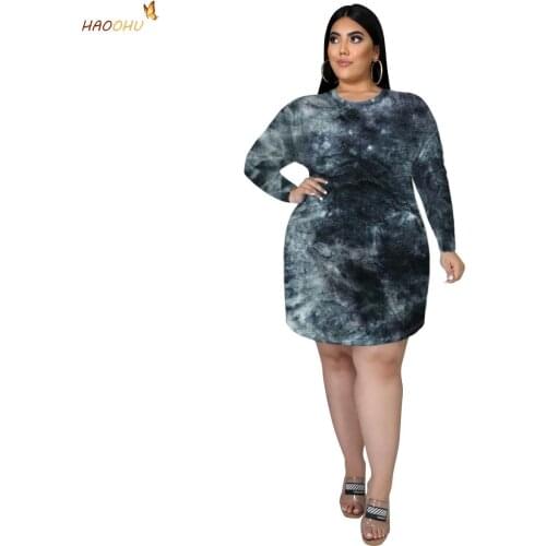 HAOOHU Womens Clothing Plus Size 2021 Autumn Urban Casual Tie-dye Printing Straight Dress O-Neck Long Sleeve Home Wear Dresses