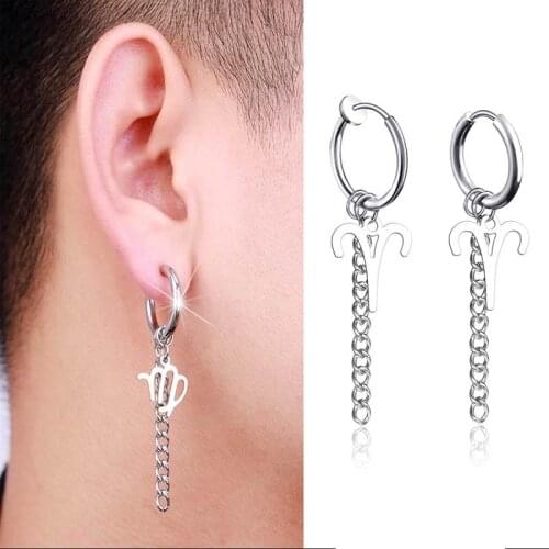 Punk Stainless Steel Earrings Constellation Symbol Tassel For Women Men Fashion Zodiac 12 Stud Ear Jewelry Gifts 2 Pieces