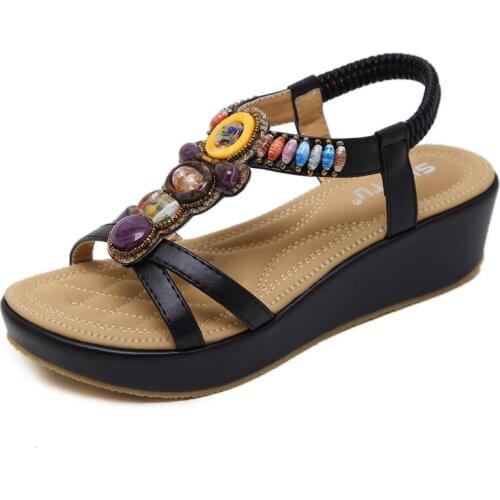 SIKETU Women Sandals Woman Summer Fashion Casual Wedges Heels Bohemia String Bead Flip flop Beach Sandals Size 35-45 Black Beige