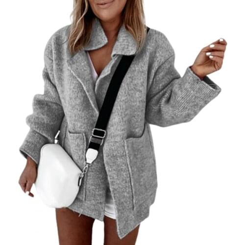 Women Cardigan Sweater Open Front Long Sleeve Autumn Winter Two Pockets Lapel Loose Ladies Knitted Sweater Coat Female Outerwear