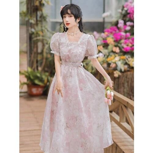 Women Square Neck Lace Floral Dress Sweet Romantic Pink Rose Printed High Waist Hollow Bowknot Tie Fashion Elegant Party Dress