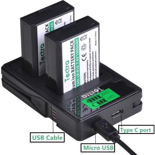 Tectra 1500mAh LP-E10 LP E10 LPE10 Battery+LCD Dual Charger with Type C Port for Canon EOS 1100D 1200D 1300D 2000D Rebel T3 T5