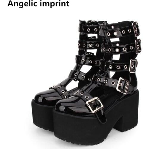 Angelic imprint new mori girl Women motorcycle punk ankle boots lady lolita platform shoes woman high heels pumps 10cm 34-47
