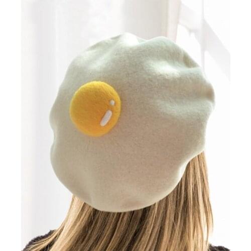 Parent-Child Winter Faux Wool Beret Cap Creative Kawaii Cute Poached Egg Vintage Warm Artist Painter Beanies Hat for Women Kids