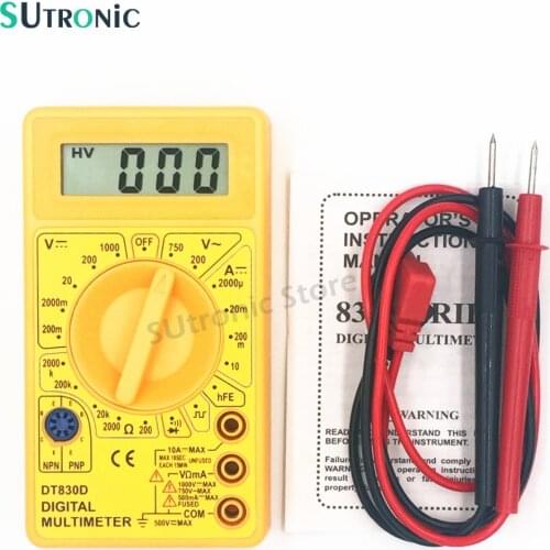 DT-830D Mini Digital Multimeter Buzzer Overload protection Square Wave Output Voltage Ampere Ohm Meter Probe DC AC LCD Yellow
