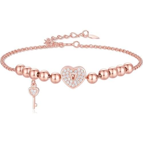 Exquisite Rose Gold Plated Beaded Bracelet Cubic Zirconia Heart Bracelet Girl Charm Crystal Bracelet for Women Birthday Jewelry