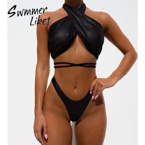Vintage halter swimsuit female Solid black bikini set 2020 Lace up swimwear women High cut bathers bathing suit Thong bikini