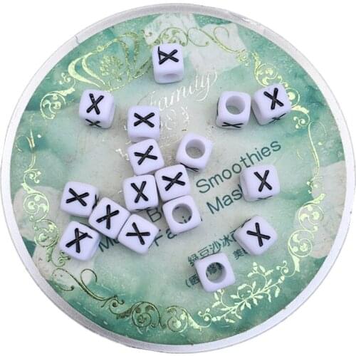 New Arrival 100pcs 6*6MM Big Hole Square Letters Beads White with Black Initial X Printing Cube Alphabet Plastic Spacer Beads