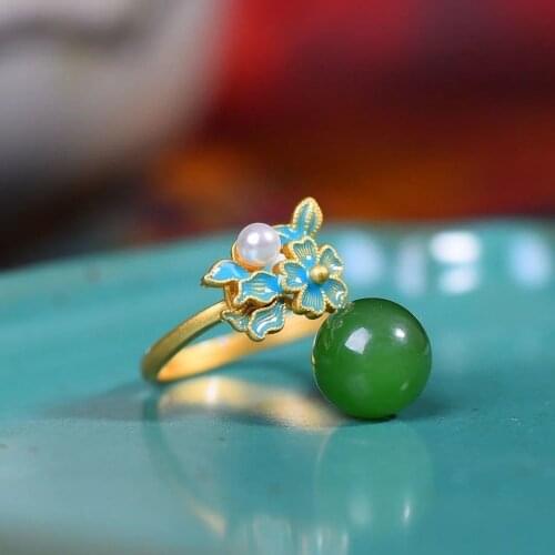 S925 Sterling Silver Ancient Gold Enamel Ring Natural Jasper Pearl Ring Palace Exquisite Classical Elegant Accessories Women