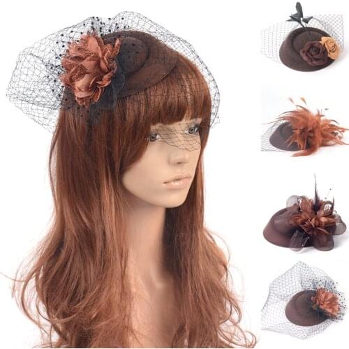 5design Women Brown Handamde Feather Fascinators Pillbox Hat Hair Clip Veil Lace Flower Hairpieces Wedding Party Accessory