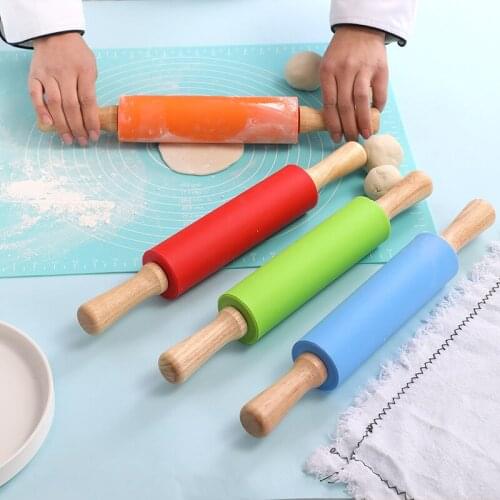 23/30/39Cm Silicone Rolling Pin Wooden Handle Biscuit Crafts Fondant Cake Dough Roller Non-Stick Dumpling Roller Cake Bakeware