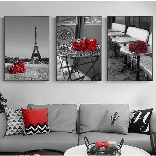 Modern Black White City Building Poster Art Canvas Painting Tower Red Rose Posters Wall Picture For Living Room Home Decor Art