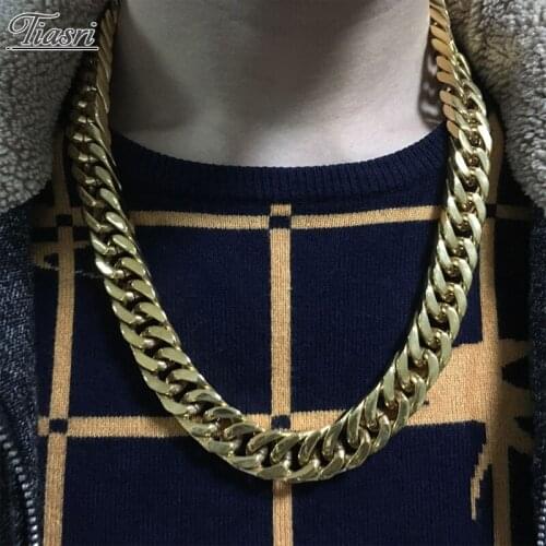Tiasri Heavy Mens Necklace Curb Cuban Link Chain Gold Color Stainless Steel Jewelry Accessories Choker Steampunk Style Gifts