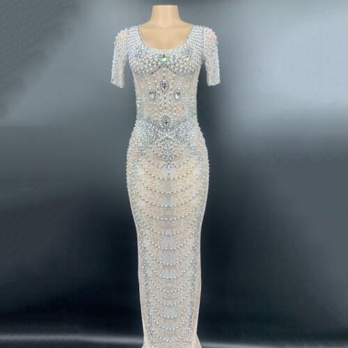 New Short Sleeve Pearls Rhinestones Long Dress Women Prom Party Celebrate Party Dresses Sexy Transparent Evening Bodycon Dress