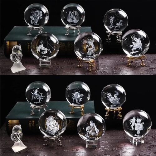 80 MM Laser Engraved Zodiac Sign Crystal Ball Miniature 3D Crystal Craft Glass Ornament Sphere Home Decoration Accessories Gift
