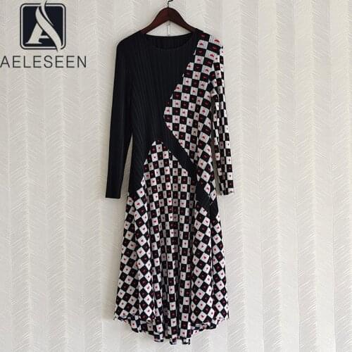 AELESEEN Women Elegant Long Dress 2021 Autumn Winter Runway Fashion Contrast Color Hearts Print Splited Party Pleated Dress