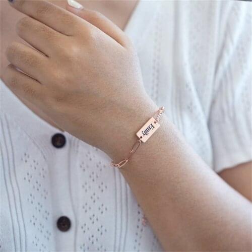 Paperclip Chain Bracelet For Men Custom Engrav Gold Color Stainless Steel Rectangle Link Bracelet Dainty Women Jewelry BFF Gift