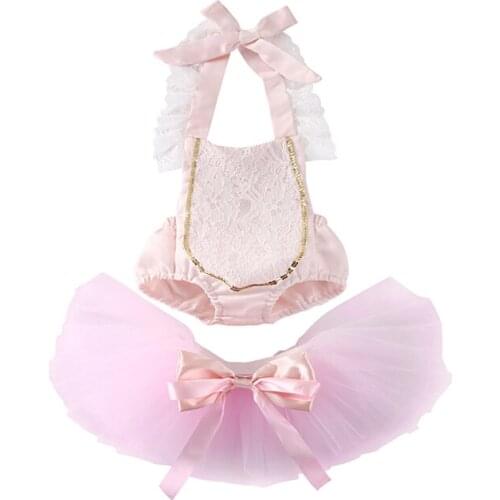 Newborn Baby Toddler Girls Princess Sweet Sleeveless Belt Lace Floral Print Romper Tops Bow Lace Tutu Skirt 2PCS 0-24M