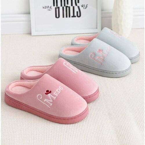 Letters Embroidery Indoor Slippers Women Men Warm Plush Slipper Anti-slip Soft Sole Slip On Lovers Winter Home Floor Shoes ZIMUT