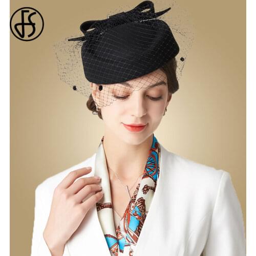FS Vintage Veils French Beret Wool Pillbox Hat For Women Fedora Black Felt Hats Winter Big Bow Elegant Ladies Church Hat Wedding