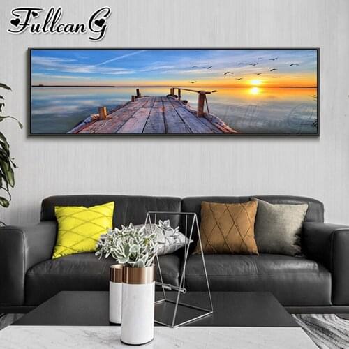 FULLCANG Sunset calm sea landscape diy 5d full square round drill diamond embroidery sale large mosaic painting decor FC3445