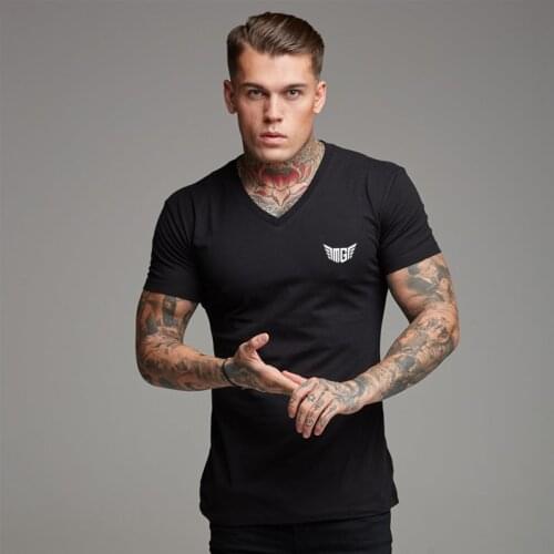 Gym T-shirt Men V Neck Short Sleeve T Shirt Cotton Slim Fit Sports Tee Shirt Male Summer Bodybuilding Workout Fitness Clothing