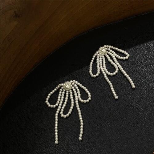 Hyperbole Bowknot Pearl Earrings for Women Long Tassel Dangle Drop Earrings Korean Statement Brincos Wedding Fashion Jewelry