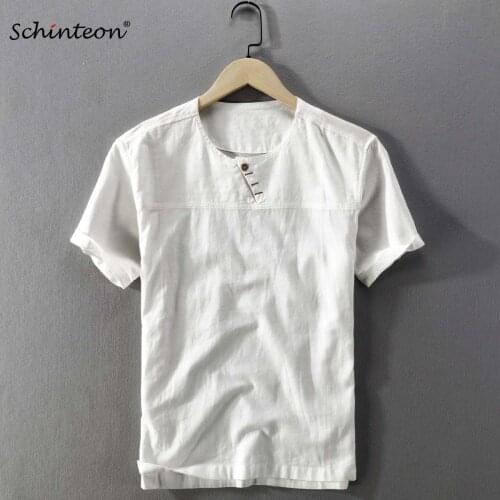 Schinteon Men Summer Casual Cotton Linen Shirt Short Sleeve Collarless Comfortable Pullover Shirt Vintage Chinese Traditional