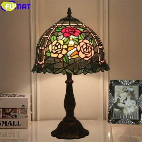 FUMAT tiffany style table lamp red pink rose stained glass desk light Dia12 inch handicraft home decor e12 green leaf lamps LED