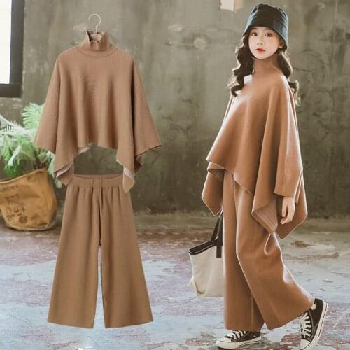 Teens Girls Clothes Set 2021 New Children Costume Turtleneck Shawl Tops Wide Leg Pants 2 Pcs Knitted Suit for Kids Tracksuit