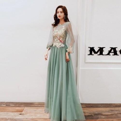 A-line Prom Dresses O neck Green Long Prom Dress Evening Dresses With 3D Flower applique Long Sleeves Evening Gowns