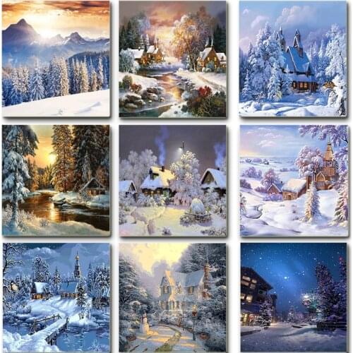 Full Round Diamond Painting 5D DIY Mosaic Diamond Embroidery Winter Snow Scene Deep Forest House Cross Stitch Kit Home Decor