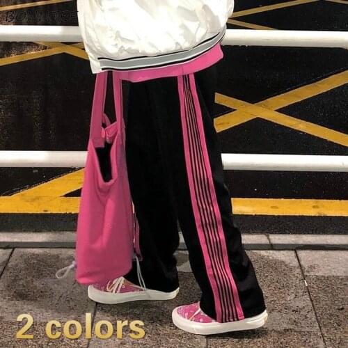Casual Pants Women Teenagers Elastic Waist Side Stripe Patchwork Straight Flat All-match Couple Korean Style Full Length Loose