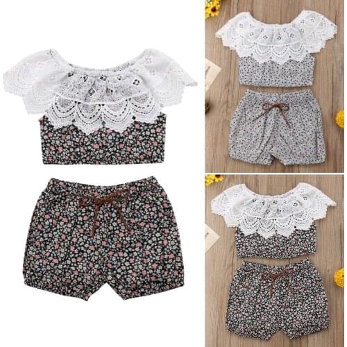 Puseky 2Pcs/Sets Toddler Kids Baby Girls Summer Outfits Lace Shirt Tops+Floral Short Pants Clothes Set 0-24M