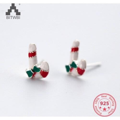 New Style 925 Sterling Silver Creative Cute Sweet Lively Mini Corlorful Christmas Candy Cane Wreath Stud Earring