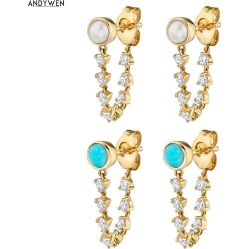 ANDYWEN 925 Sterling Silver Gold Luxury Pearl Chain Stud Earring 2020 Fashion European Luxury CZ Zircon Jewelry Statement
