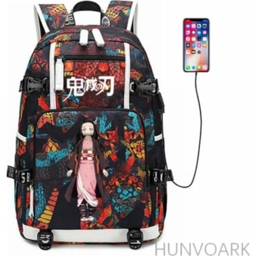 18 inch Demon Slayer USB Port School Shoulder Bag Kimetsu no Yaiba Cosplay Backpack Cartoon Laptop Travel Rucksack Gift