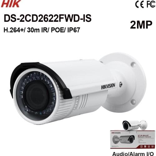 In stock DS-2CD2622FWD-IS Original Hik 2MP Bullet Camera Vari-focal lens Network IPC WDR H.264+ IR30M 1-ch audio I/O& 1-ch alarm