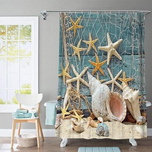 3D Starfish Shell Print Fabric Shower Curtain Bathroom Curtains Sets Non Slip Beach Style Pattern Toilet Polyester Cover Mat Set