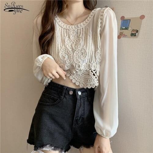 Spring and Summer 2021 Sweet Chiffon Lace Shirt for Girl Korean Fashion Blouse Loose Hollow Out Sexy Shirt Short Jacket 14673